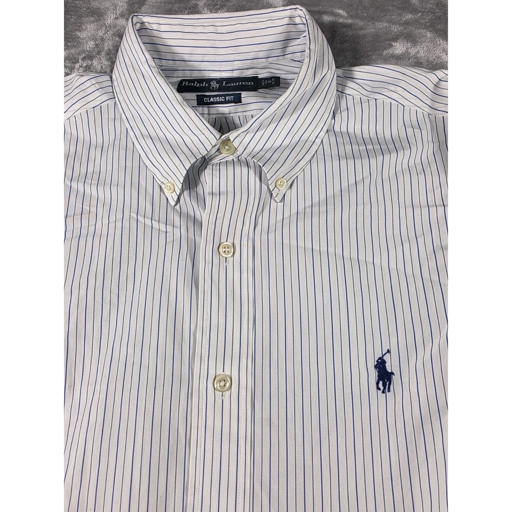 Ralph Lauren Classic‎ Fit Dress Shirt White Striped Mens 16 34/35 Blue Pony